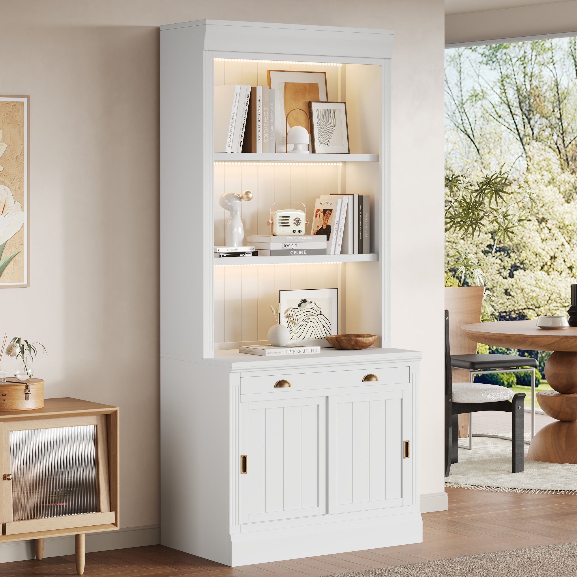 83.4'Tall Bookshelf with 3-layer LED Lightings, Modern Bookcase with Sliding Doors and Open Shelves,Storage Bookshelf for Liv
