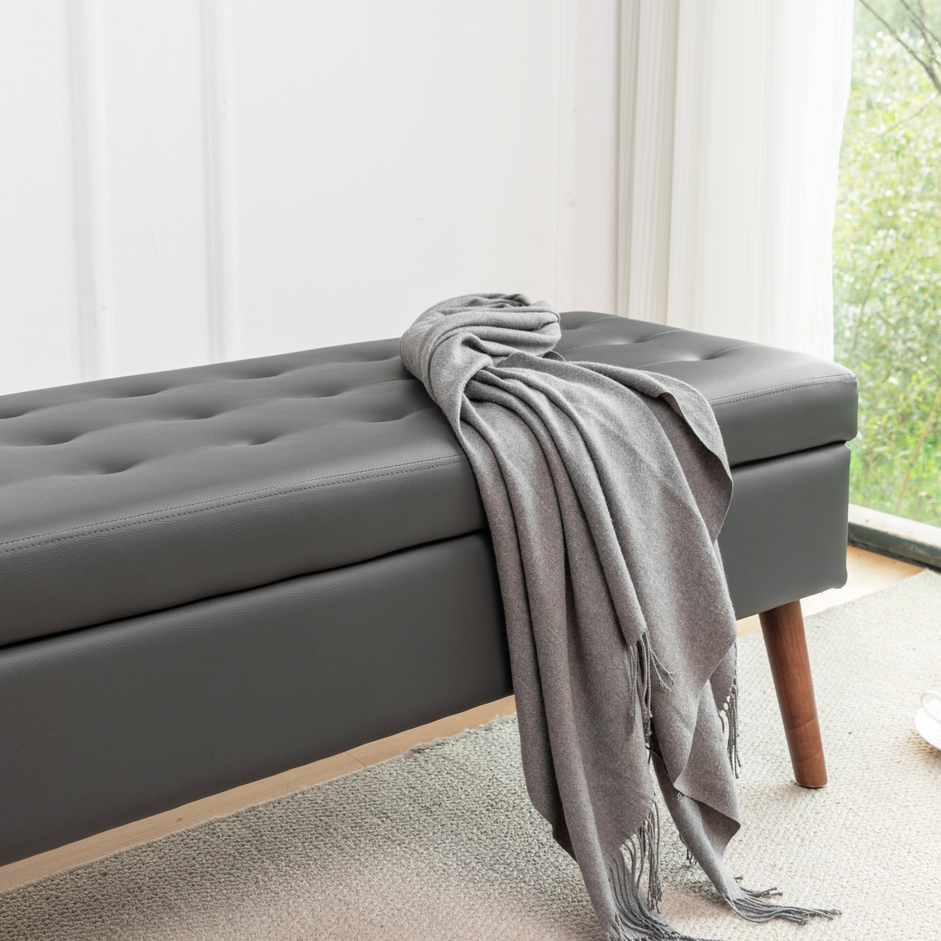 Storage Bench with Storage Bench for Bedroom End of Bed Bench Foot of Bed Bench Entryway Bench Storage Ottoman Bench 43.3' W x 17.7' Dark Grey Leather Bench - Grand Goldman Shop