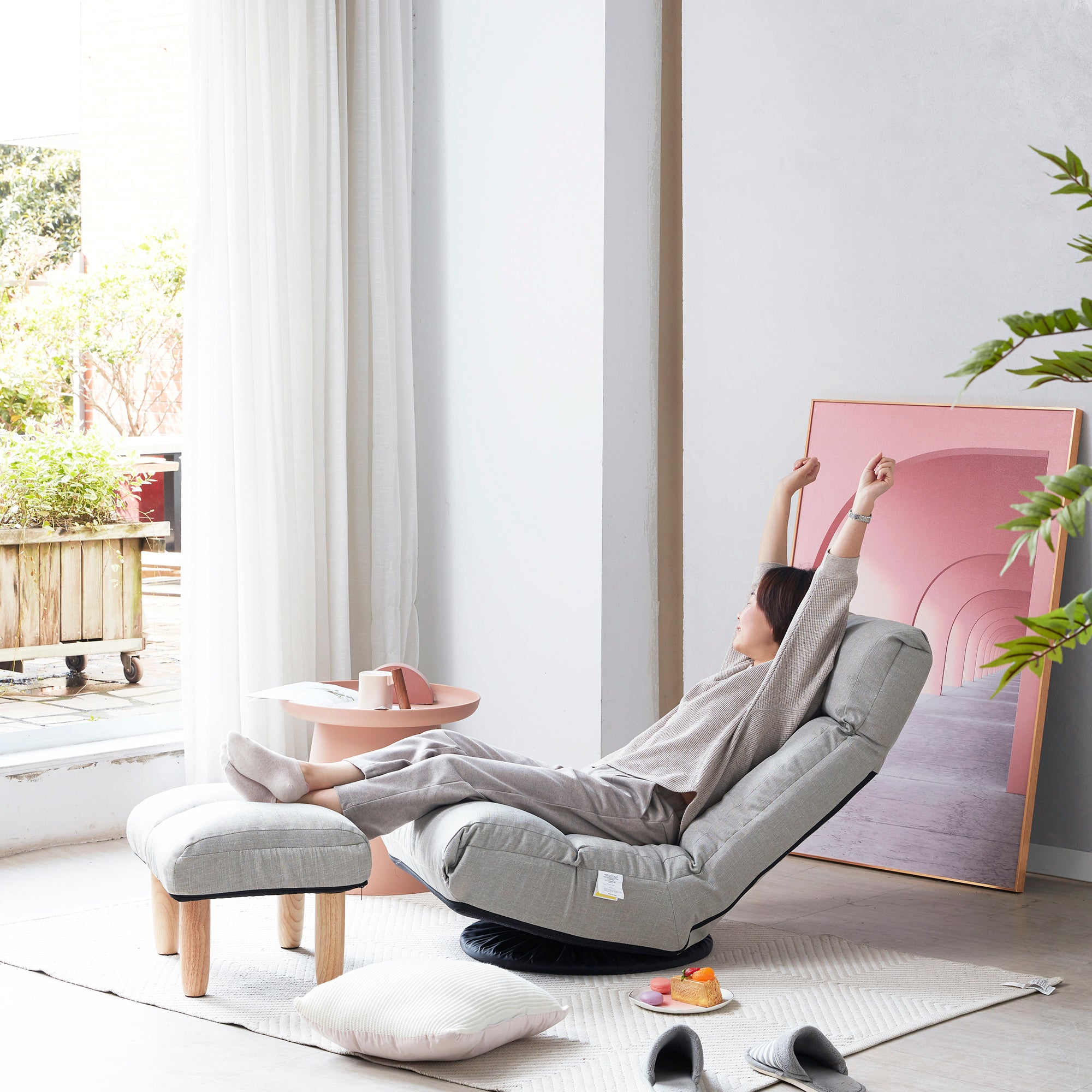 Japanese-Style  Gray with Metal Frame Adjustable Reclining Floor Chair – Tatami Lazy Sofa for Balcony or Bedroom - Grand Goldman Shop