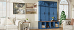 Farmhouse Hall Tree with 4 Hidden Hanging Hooks, Versatile Walnut Seating Bench with 8 Doors, Entryway Shoe Cabinet with Open Compartment for Living Room, Blue (OLD SKU:N721S000059C) - Grand Goldman Shop