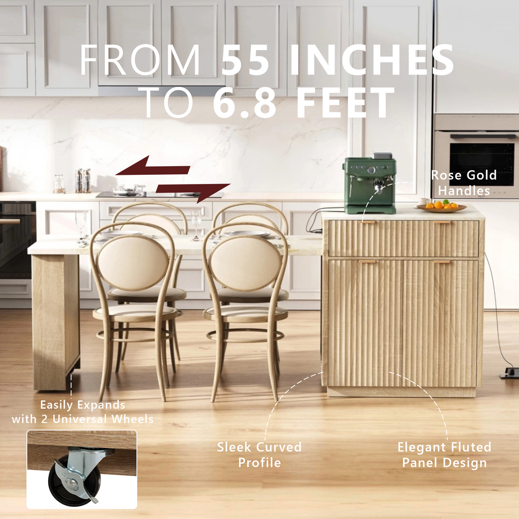 K&K 82.6' Fluted Kitchen Island with Extendable Dining Table for 4-6, Island Table for Kitchen with Power Outlet, Kitchen Table with Double-Side Storage, 2 Drawers 2 Side Open Shelves, Natural - Grand Goldman Shop