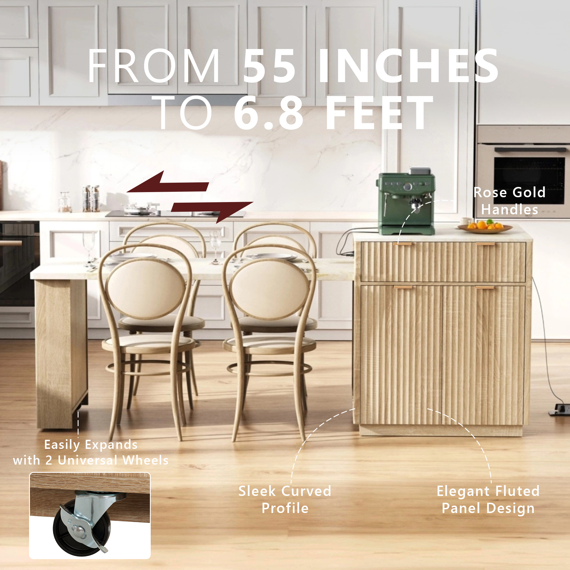 K&K 82.6' Fluted Kitchen Island with Extendable Dining Table for 4-6, Island Table for Kitchen with Power Outlet, Kitchen Table with Double-Side Storage, 2 Drawers 2 Side Open Shelves, Natural - Grand Goldman Shop