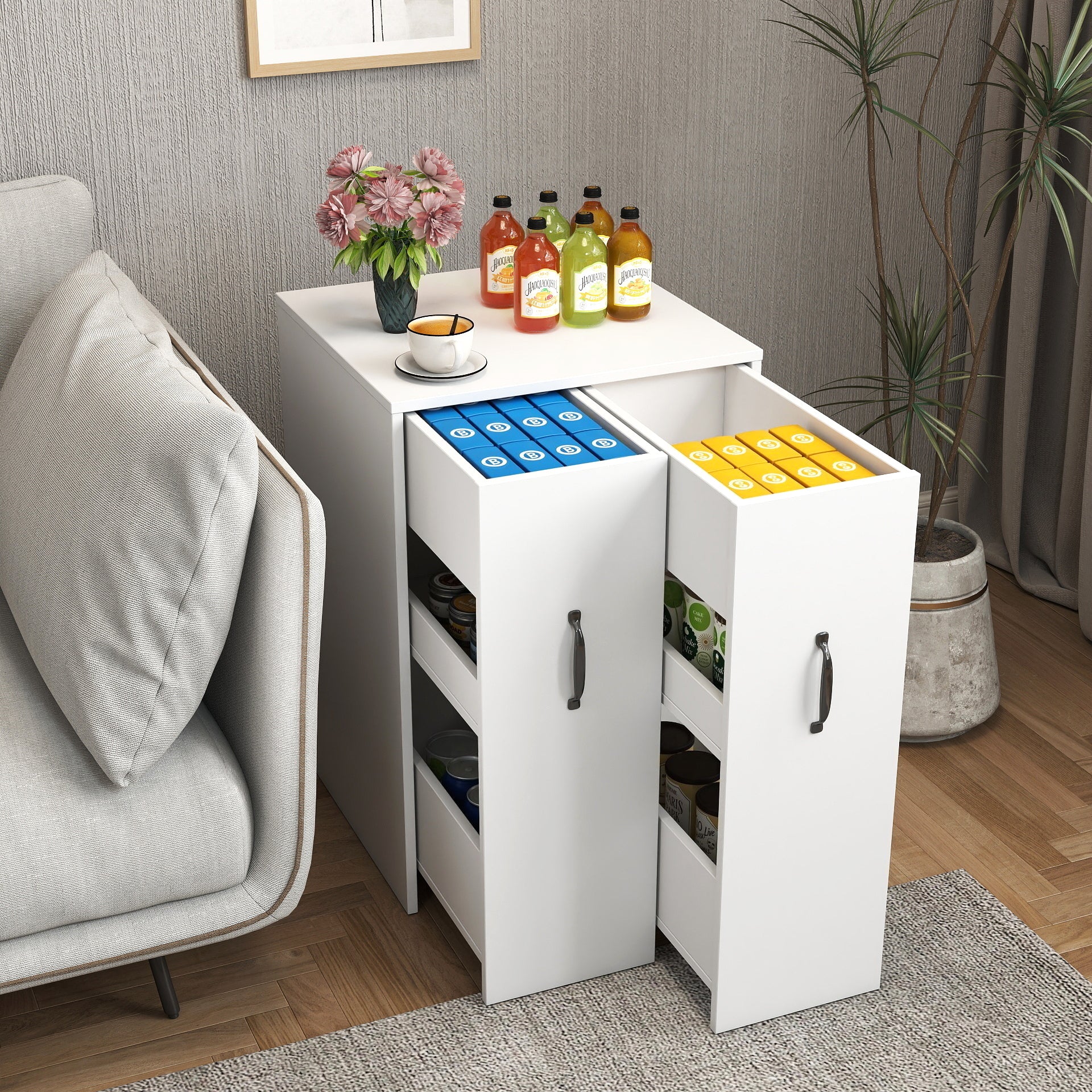 Stylish 3 Tier Wooden Floor Standing Bookcase,Slide Out Drawer Storage Bookcase file cabinet,Pull Out Mobile with Door Dustpr