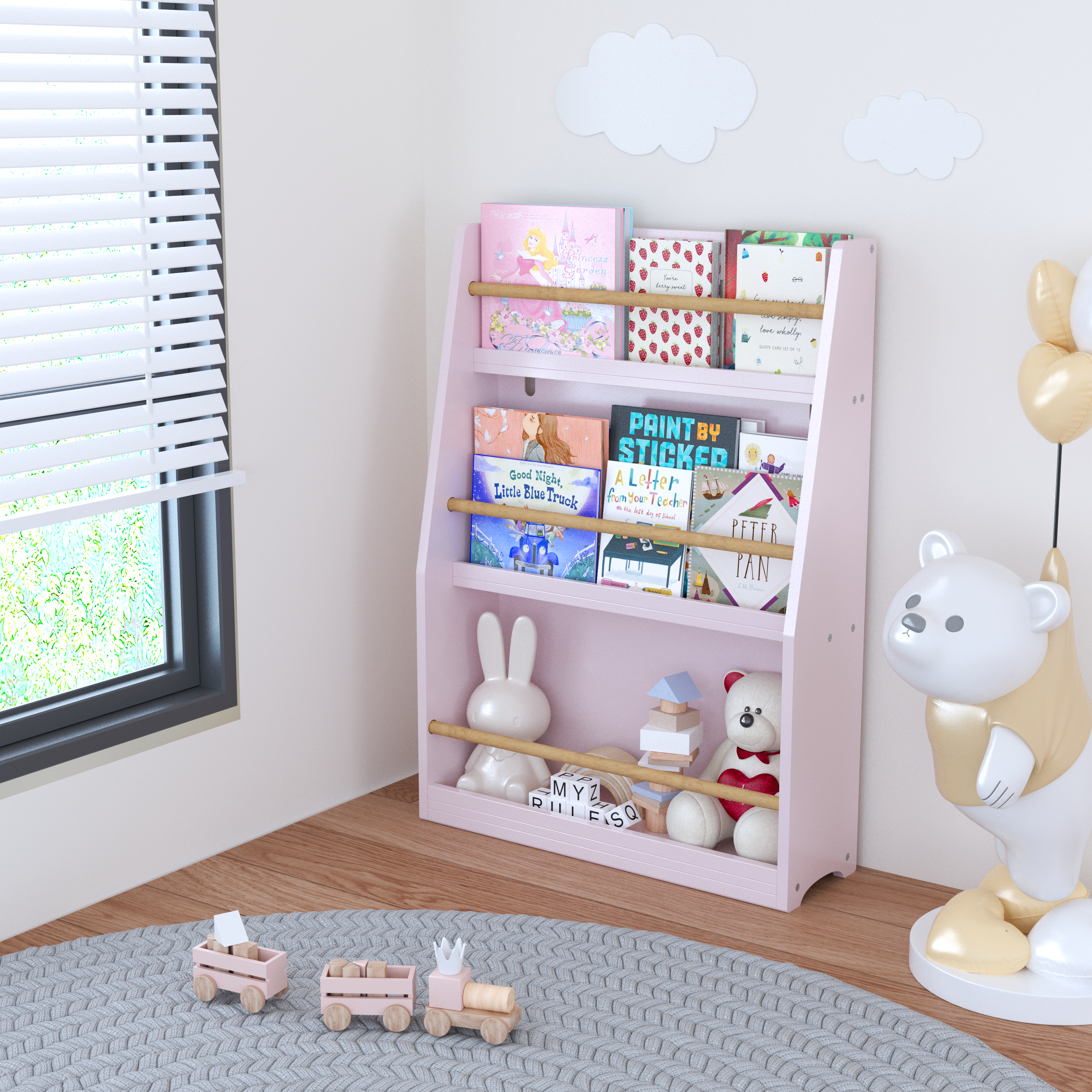 3-Tier Kids Book Shelf, Pink MDF & Pine Wood Storage Rack for Bedrooms, Playrooms, and Classrooms | Premium Home Decor - Gran