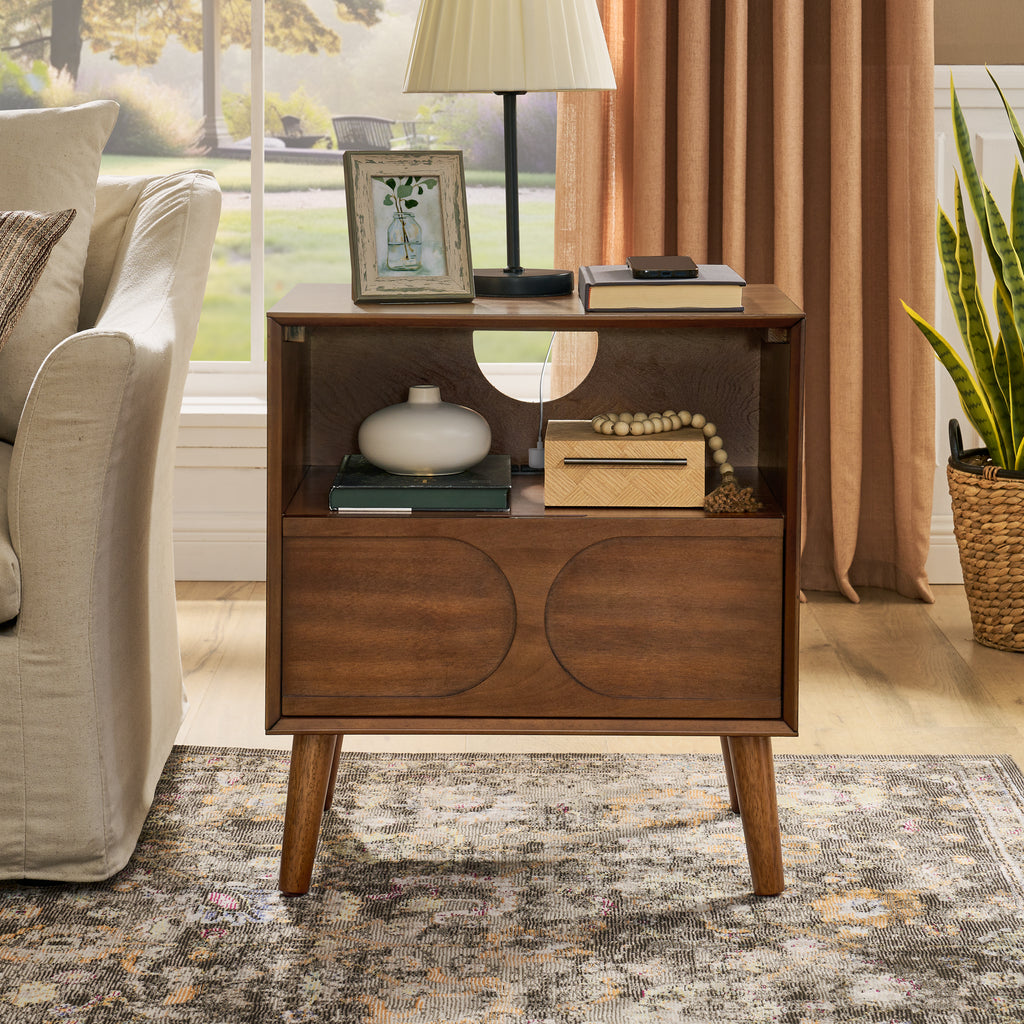 Mid Century Modern Fluted Nightstand with Charging Station USB Ports & Outlet Hole & 4 Solid Wood Legs, Farmhouse End Table with Open Space and Drawer Dresser, Walnut - Grand Goldman Shop