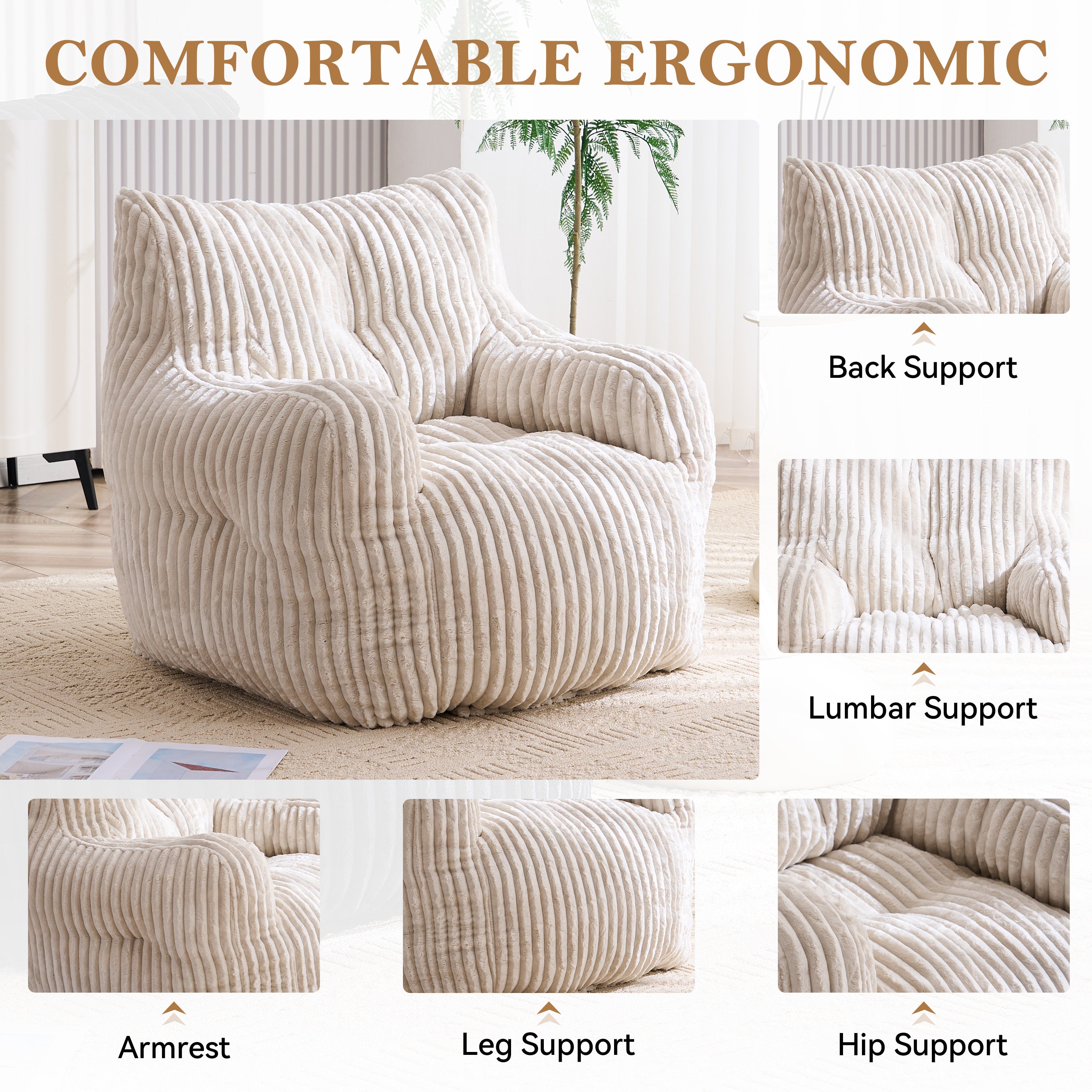 010-Soft Fluffy Corduroy Fabric Bean Bag Chair Filled With Memory Sponge,Beige - Grand Goldman Shop