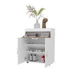 FM FURNITURE North Fork Shoe Rack, Pneumatic Lift-Up Compartment, Dual Doors, White and Natural Oak - Grand Goldman Shop