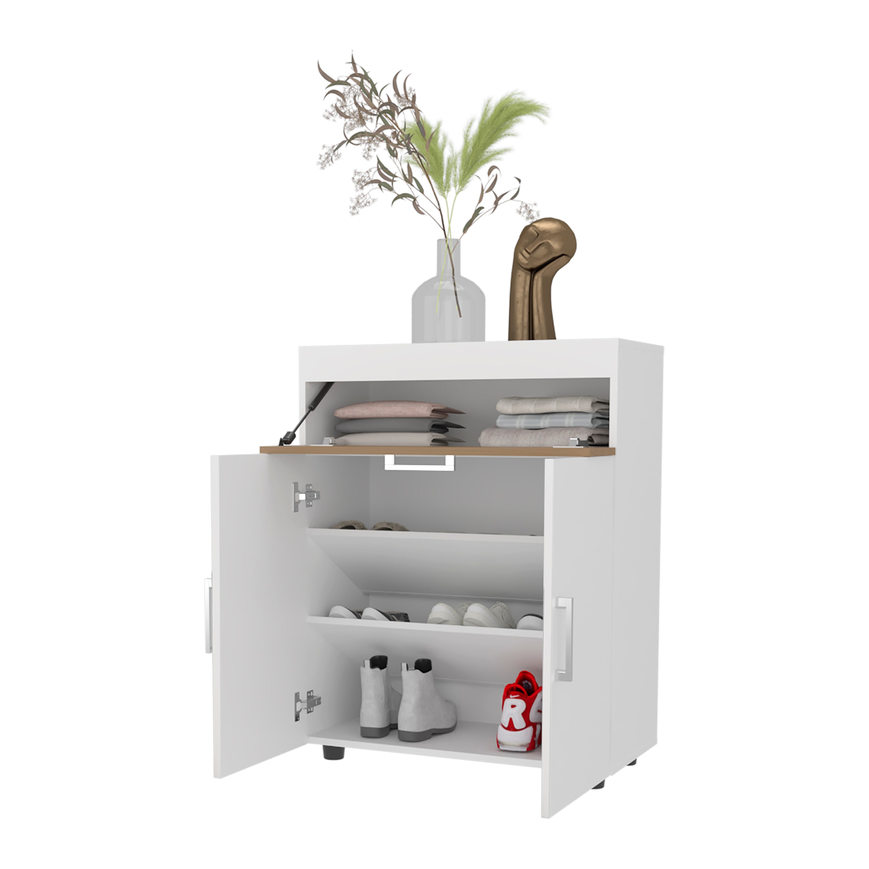 FM FURNITURE North Fork Shoe Rack, Pneumatic Lift-Up Compartment, Dual Doors, White and Natural Oak - Grand Goldman Shop