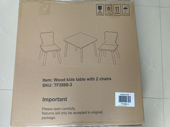 Kids Table and 2 Chairs Set, Wooden Activity Play Table Set with Bear & Tiger Design in White & Orange, Solid Wood and MDF Co