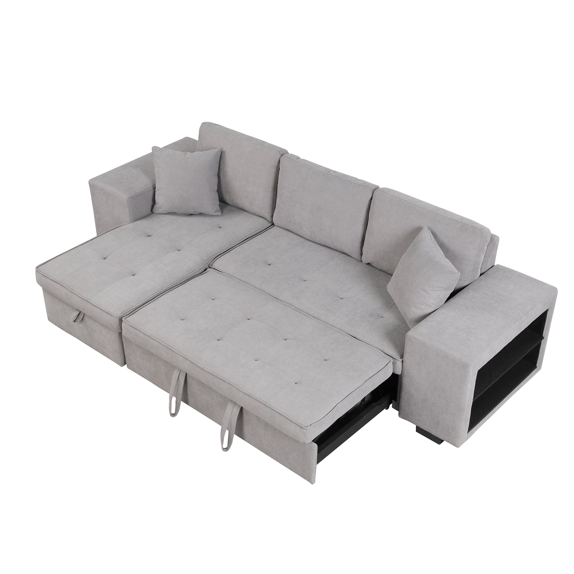 Modern Reversible L-Shape Pull Out Sleeper Sofa with Storage Chaise and Stools, Gray Linen, 104.5' - Grand Goldman Shop
