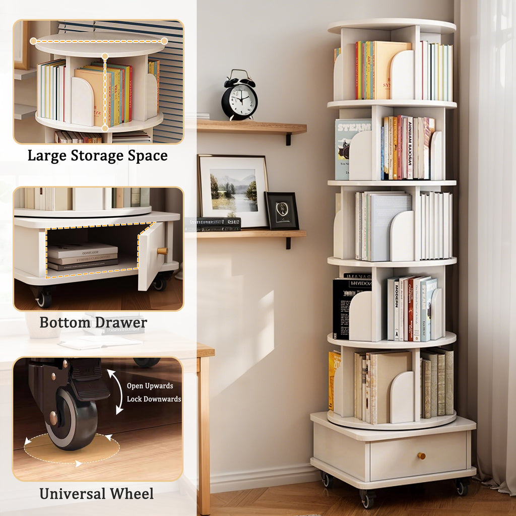 6 Tier Rotating Bookshelf, 360° Display Round Spinning Bookshelf with Wheels and Drawer, Space-Saving, Small Space Rotating Bookshelf Tower for Bedroom, Living Room, Home, Office, Warm White - Grand Goldman Shop