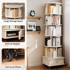 6 Tier Rotating Bookshelf, 360° Display Round Spinning Bookshelf with Wheels and Drawer, Space-Saving, Small Space Rotating Bookshelf Tower for Bedroom, Living Room, Home, Office, Warm White - Grand Goldman Shop