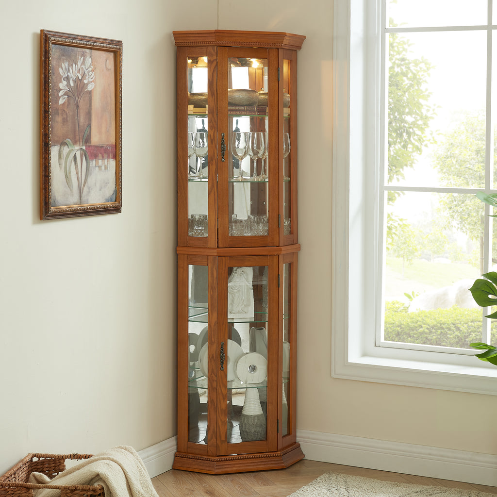 Corner Curio Cabinet Lighted Corner Display, Glass Display Shelf Shelving Bar cabinet with Tempered Glass Door, Bar Cabinet,Cabinet with Adjustable Shelf Glass Cabinet Shelves Bead Bulb Included OAK - Grand Goldman Shop