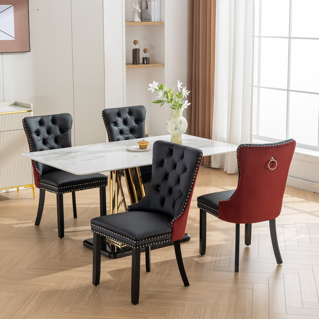 A&A Furniture, Nikki Collection Modern, High-end Tufted Solid Wood Contemporary PU and Velvet Upholstered Dining Chair with Wood Legs Nailhead Trim  2-Pcs Set, Black+WineRed, Burgundy,SW2101BW - Grand Goldman Shop