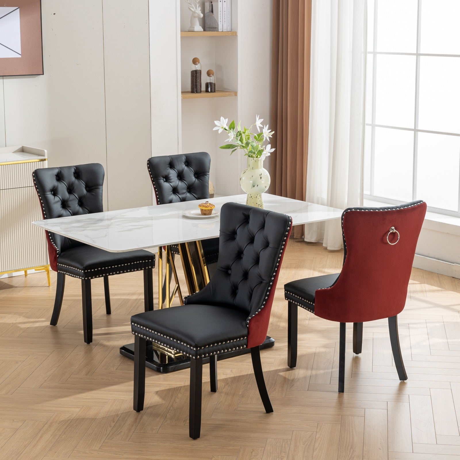 A&A Furniture, Nikki Collection Modern, High-end Tufted Solid Wood Contemporary PU and Velvet Upholstered Dining Chair with Wood Legs Nailhead Trim  2-Pcs Set, Black+WineRed, Burgundy,SW2101BW - Grand Goldman Shop