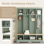 Farmhouse Hall Tree with 8 Hooks, Practical Entryway Bench with Open Compartments, 76.7'H Modern 3-in-1 Wooden Style Coat and Shoe Rack for Mudroom, Living Room, Mint Green (OLD SKU: N721P292601M) - Grand Goldman Shop