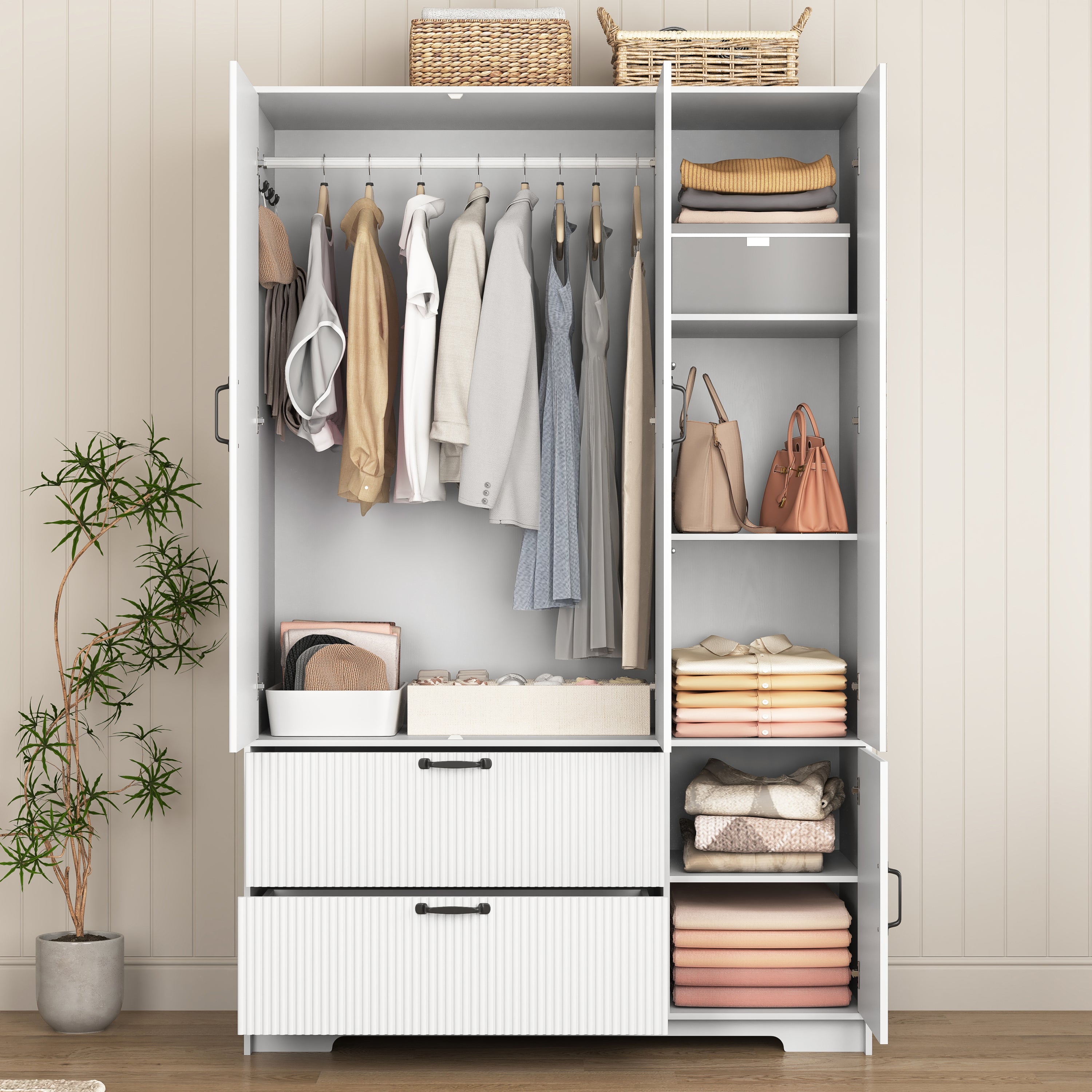 4 Doors Wardrobe Closet with Mirror, LED Wardrobe with Doors and 2 Drawers, Wooden Wardrobe Storage Cabinet with Hanging Rod, Adjustable Shelves, White - Grand Goldman Shop