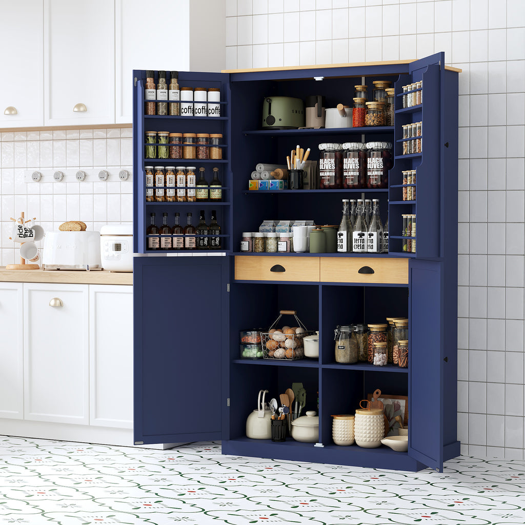 [Assembly Video Provided]TOPMAX 40.2x20x71.3inch High Freestanding Kitchen Pantry Large Cupboard Storage Cabinet with 2 Drawers, 2 Adjustable Shelves, 8 Door Shelves for Kitchen, Dining Room,Blue - Grand Goldman Shop
