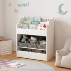 Kids Bookshelf with Storage Bins and Drawer, Multi-Functional Wooden Book Organizer for Toddlers, White Bookcase for Toys, Bo