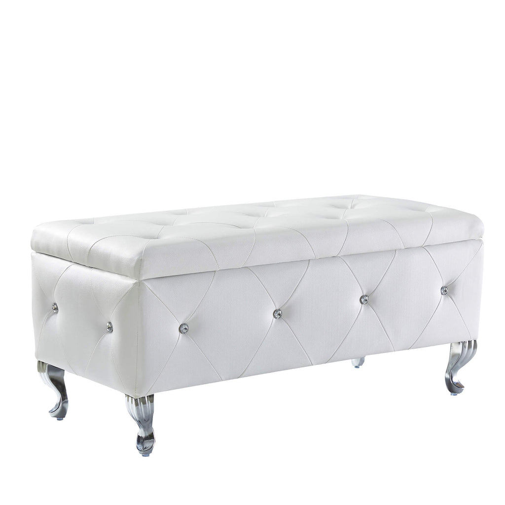 Upholstered Storage Ottoman Bench For Bedroom End Of Bed Faux Leather Rectangular Storage Benches Footrest With Crystal Buttons For Living Room Entryway (White) - Grand Goldman Shop