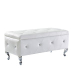 Upholstered Storage Ottoman Bench For Bedroom End Of Bed Faux Leather Rectangular Storage Benches Footrest With Crystal Buttons For Living Room Entryway (White) - Grand Goldman Shop