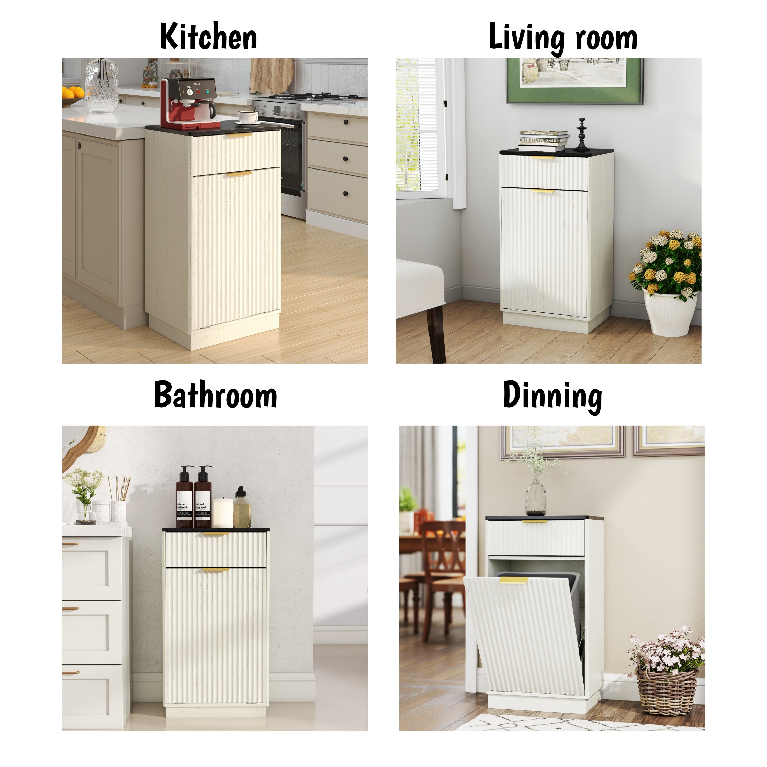 10-Gallon Woodgrain Tilt-Out Trash Can Cabinet Wooden Garbage Recycling Cabinet with Wave-Textured Hideaway Drawer&Pull-Out Bin-Multipurpose Kitchen/Bath Organizer in Antique White Finish - Grand Goldman Shop