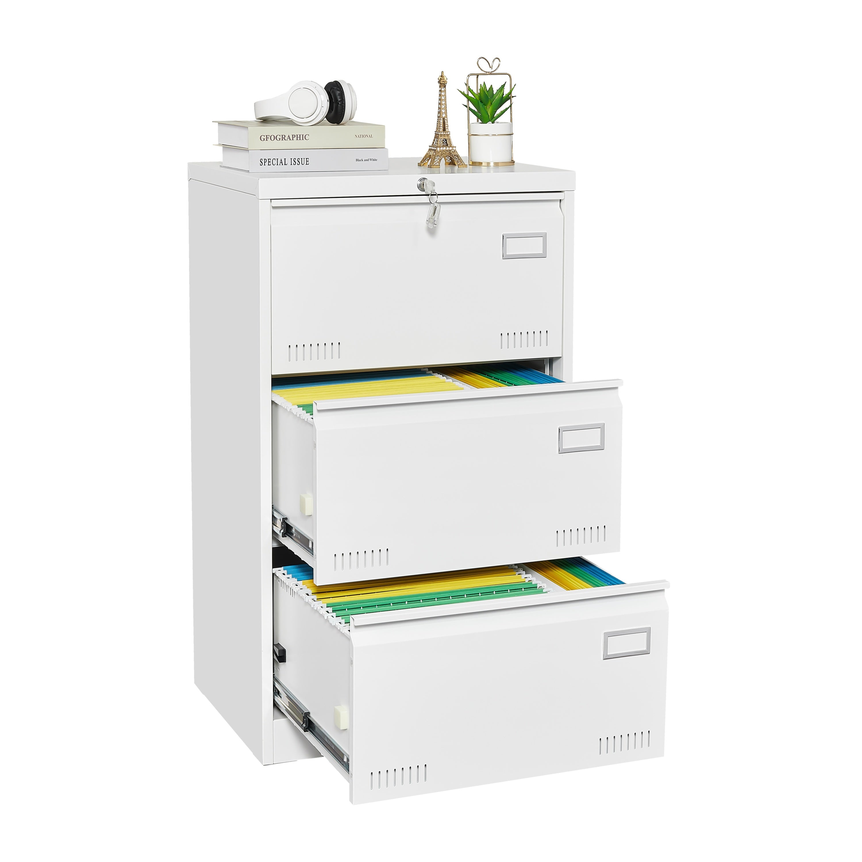 Contemporary White Metal Lateral File Cabinet with Lock, 3 Drawer Office Storage for Legal/Letter/A4/F4 | Premium Home Decor 