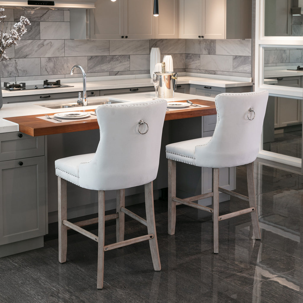 Contemporary Velvet Upholstered Barstools with Button Tufted Decoration and Wooden Legs, and Chrome Nailhead Trim, Leisure Style Bar Chairs,Bar stools, Set of 2 (Beige),SW2002BG - Grand Goldman Shop