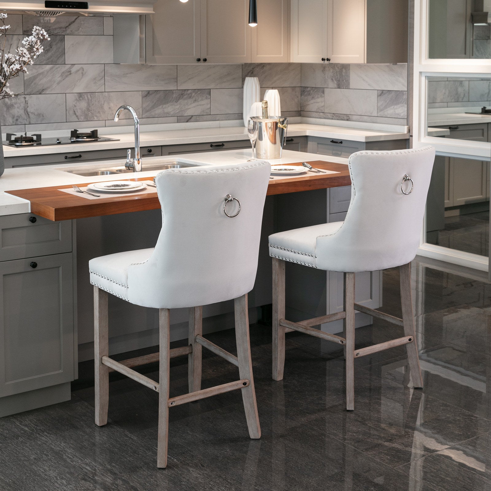 Contemporary Velvet Upholstered Barstools with Button Tufted Decoration and Wooden Legs, and Chrome Nailhead Trim, Leisure Style Bar Chairs,Bar stools, Set of 2 (Beige),SW2002BG - Grand Goldman Shop