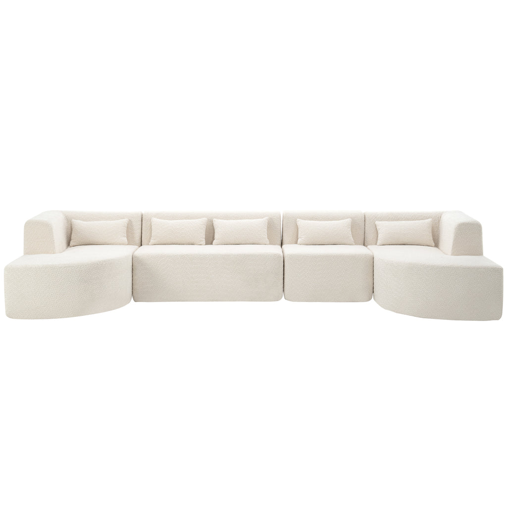 Modern Upholstered L-Shape Sofa with Chaise Lounge and Back Pillows, Beige Boucle Fabric, 144 inches - Grand Goldman Shop