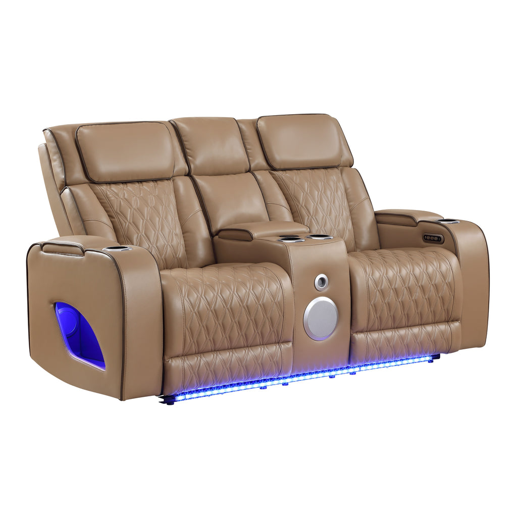 Fortuner Power Reclining 3Pc Living Room Set in Caramel Faux Leather with LED Lights, Massage Function, Bluetooth Speakers and Wireless Charging - Grand Goldman Shop