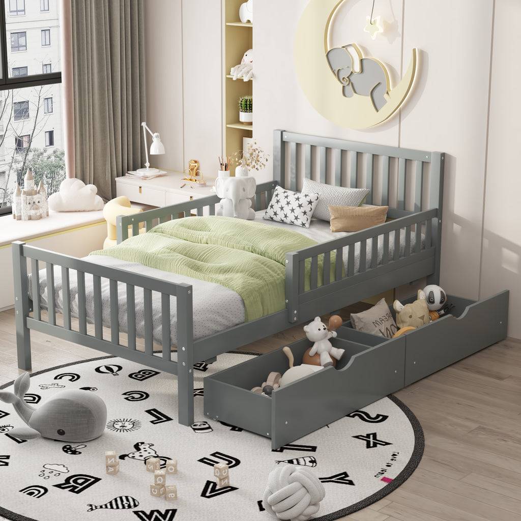 Twin Size Wood Platform Bed with Guardrails on Both Sides and Two Storage Drawers, Gray - Grand Goldman Shop