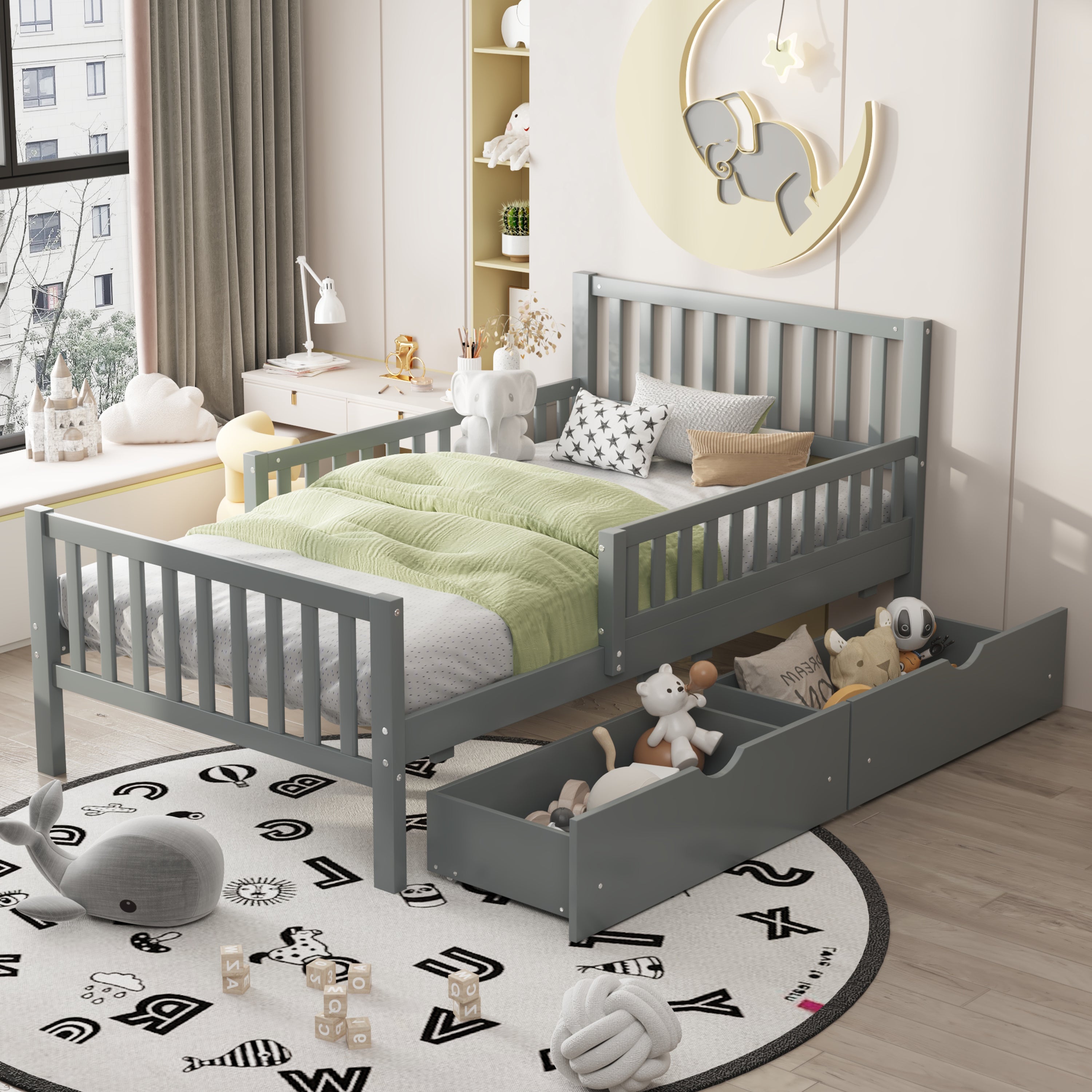Twin Size Wood Platform Bed with Guardrails on Both Sides and Two Storage Drawers, Gray - Grand Goldman Shop