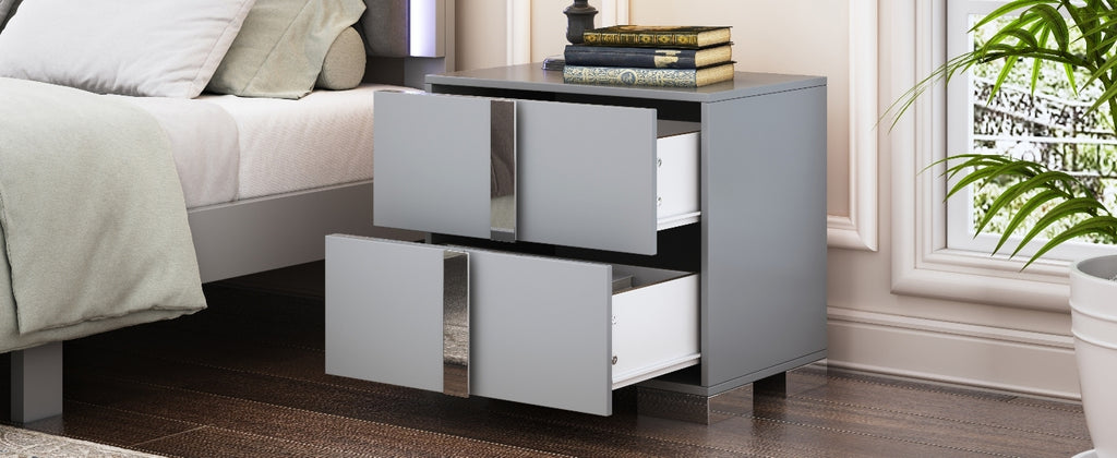 Elegant Nightstand with Metal Foot, Mirrored Bedside Table with 2 Drawers for Bedroom, Living Room, Gray (Old SKU: WF319353AAE) - Grand Goldman Shop
