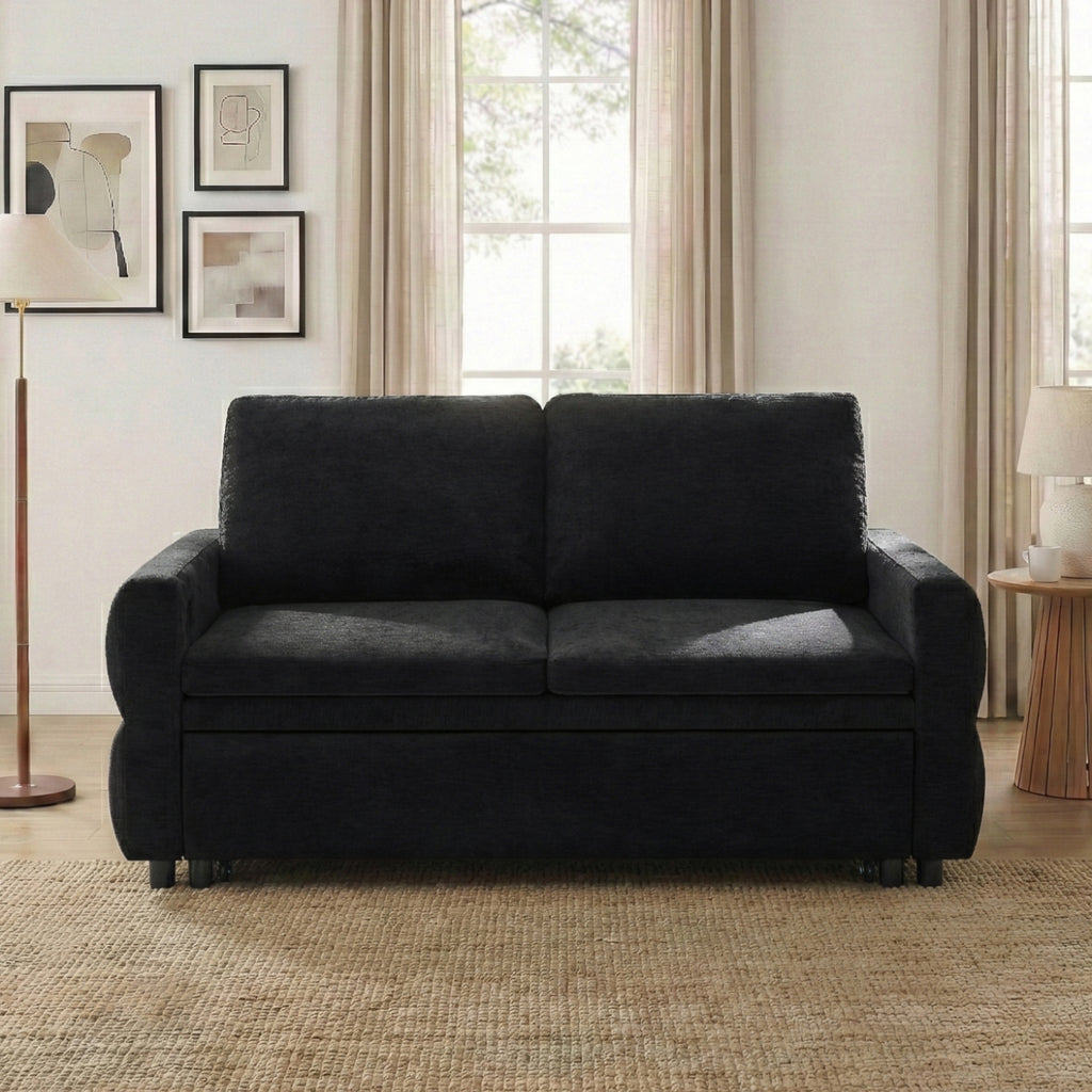 Black Convertible Sofa Bed Loveseat with Adjustable Backrest and USB Ports, 62.75' Chenille Upholstered Couch for Living Room or Small Space - Grand Goldman Shop