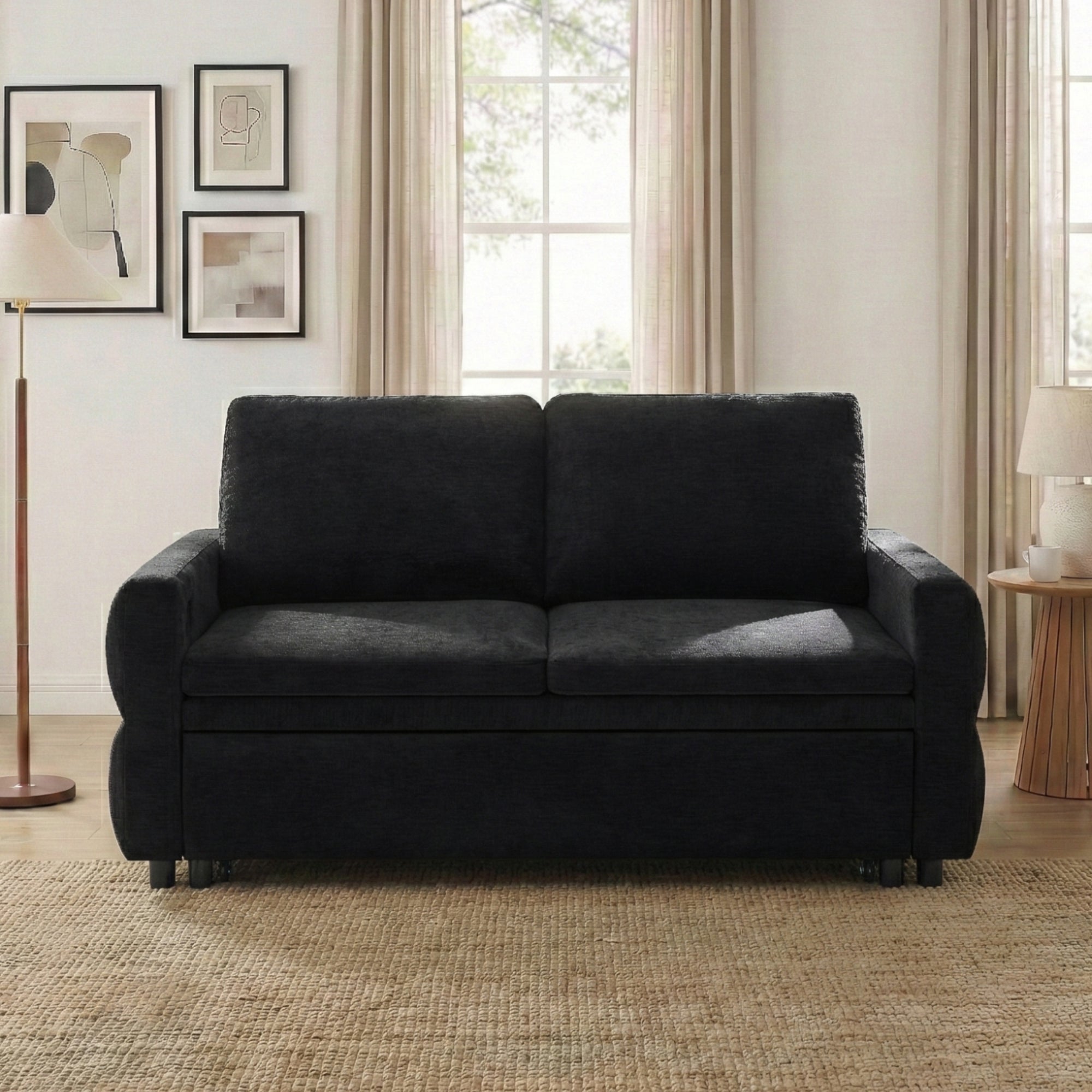 Black Convertible Sofa Bed Loveseat with Adjustable Backrest and USB Ports, 62.75' Chenille Upholstered Couch for Living Room or Small Space - Grand Goldman Shop