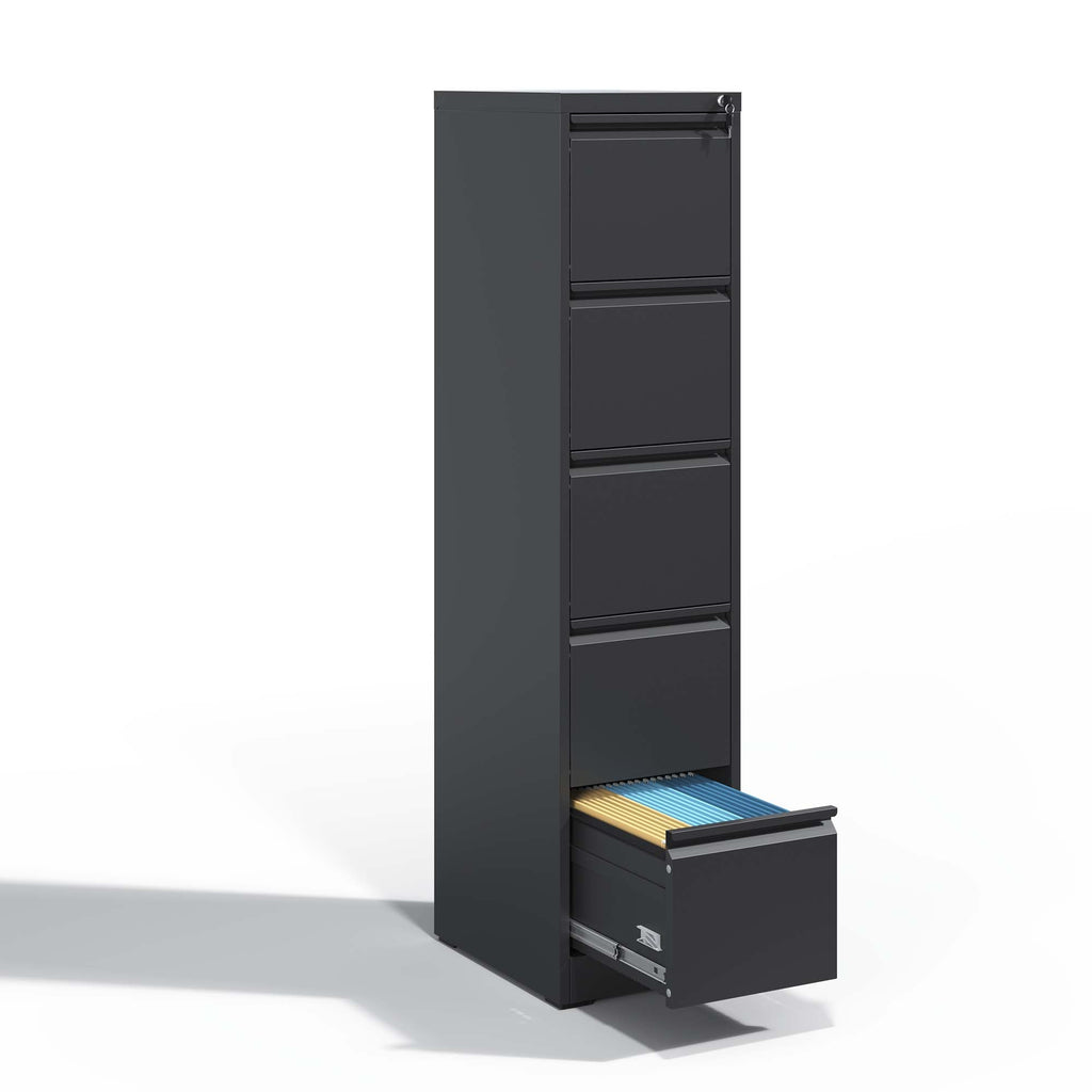 SteelCraft Pro 5 Drawer Metal Vertical File Cabinet with Lock, Black, Steel, 64.17 inches - Grand Goldman