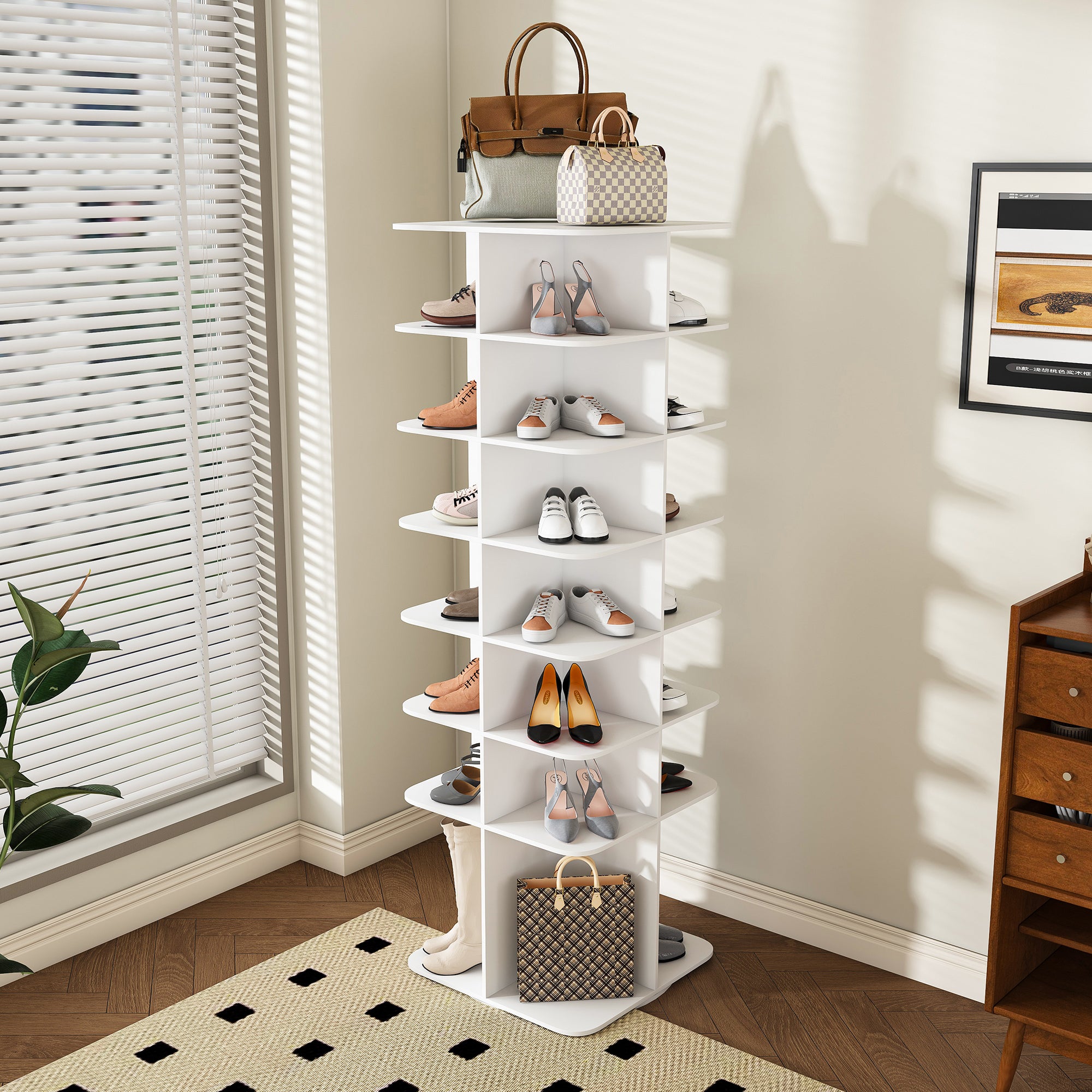 7-Tier Square Rotating Shoe Rack Tower with 360° Spinning Organizer, White - Grand Goldman Shop