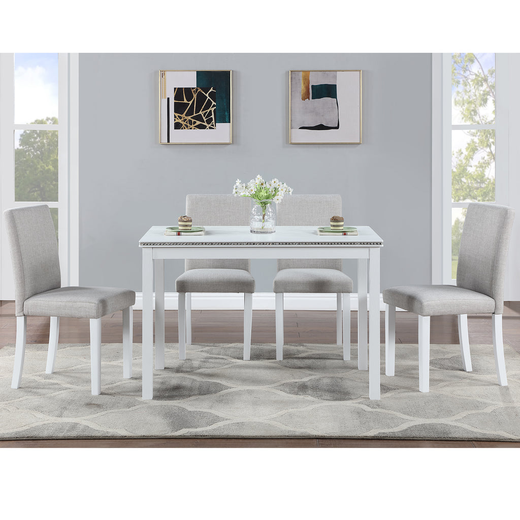 5-Piece Wooden Dining Table Set with Rectangular Table and 4 Upholstered Chairs – White Dining Room Set with Crystal Decoration for Kitchen or Dining Room - Grand Goldman Shop