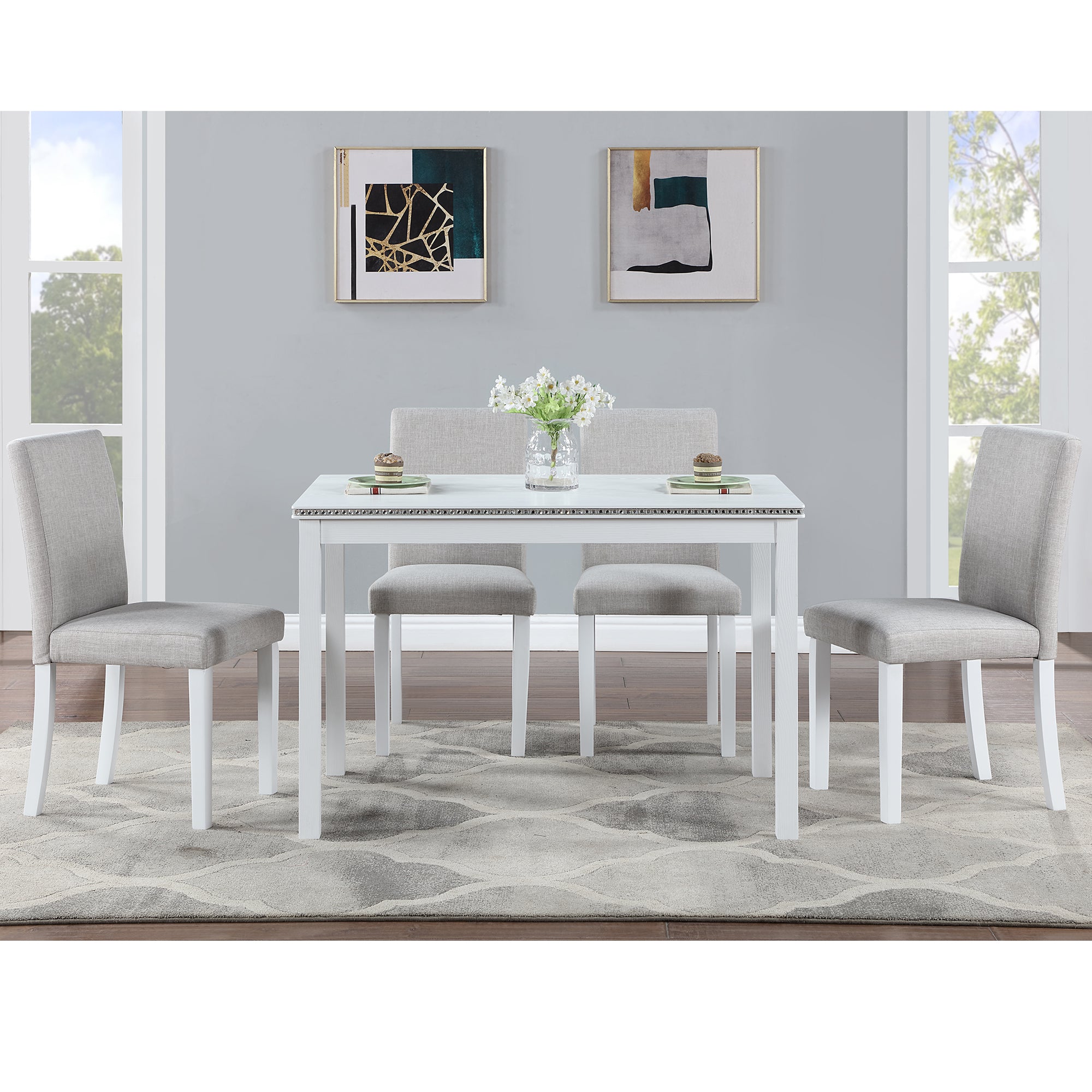 5-Piece Wooden Dining Table Set with Rectangular Table and 4 Upholstered Chairs – White Dining Room Set with Crystal Decoration for Kitchen or Dining Room - Grand Goldman Shop