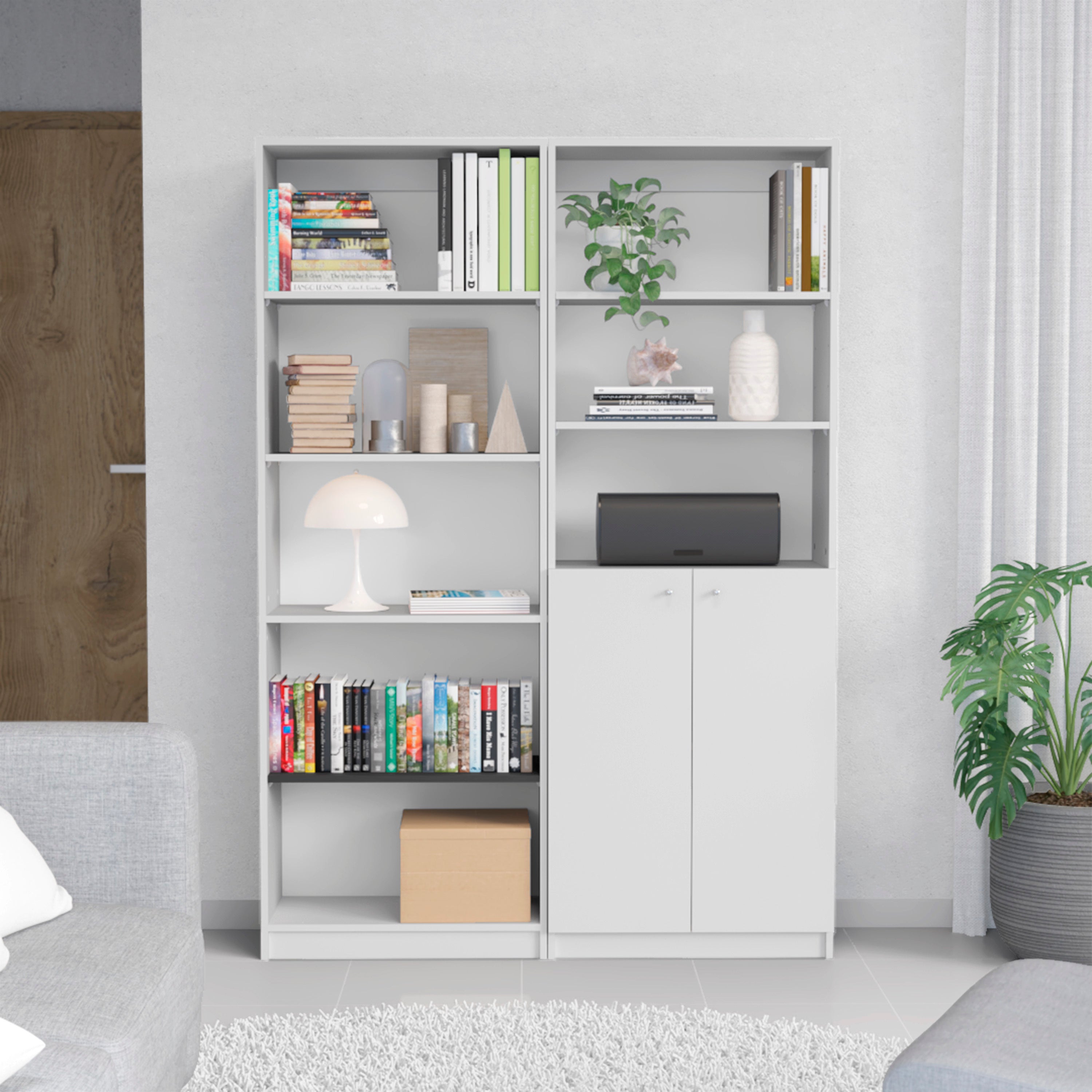 Layton 2 Piece Home Bookcase set, 49' Wide with 8 Shelves and Double Door Cabinet, Living Room Set White - Grand Goldman
