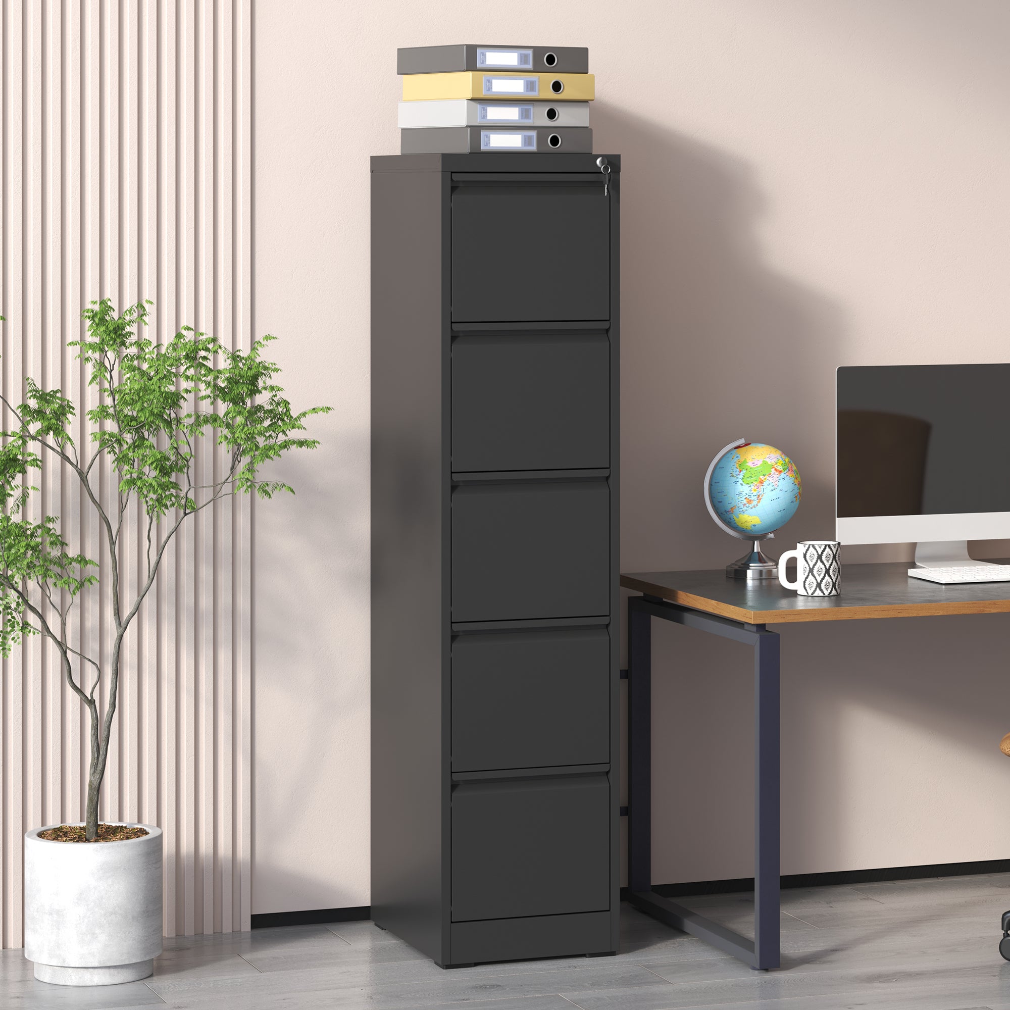 SteelCraft Pro 5 Drawer Metal Vertical File Cabinet with Lock, Black, Steel, 64.17 inches | Premium Home Decor - Grand Goldma