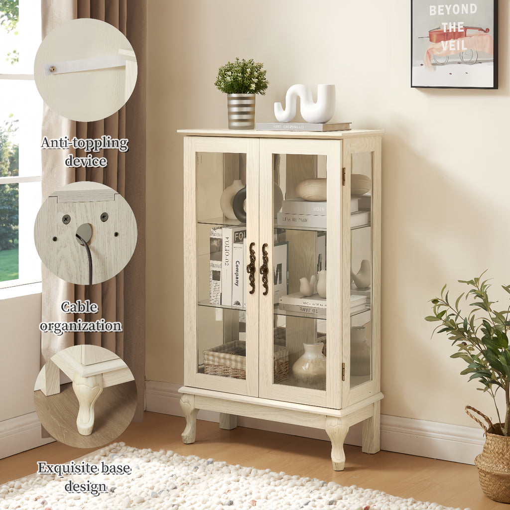 2 Doors Curio Cabinet with Tempered Glass Doors, Curio Cabinets with Mirrored Back Panel and Adjustable Shelves, Lighted Display Cabinet for Home, Office Light Bulb Included White - Grand Goldman Shop