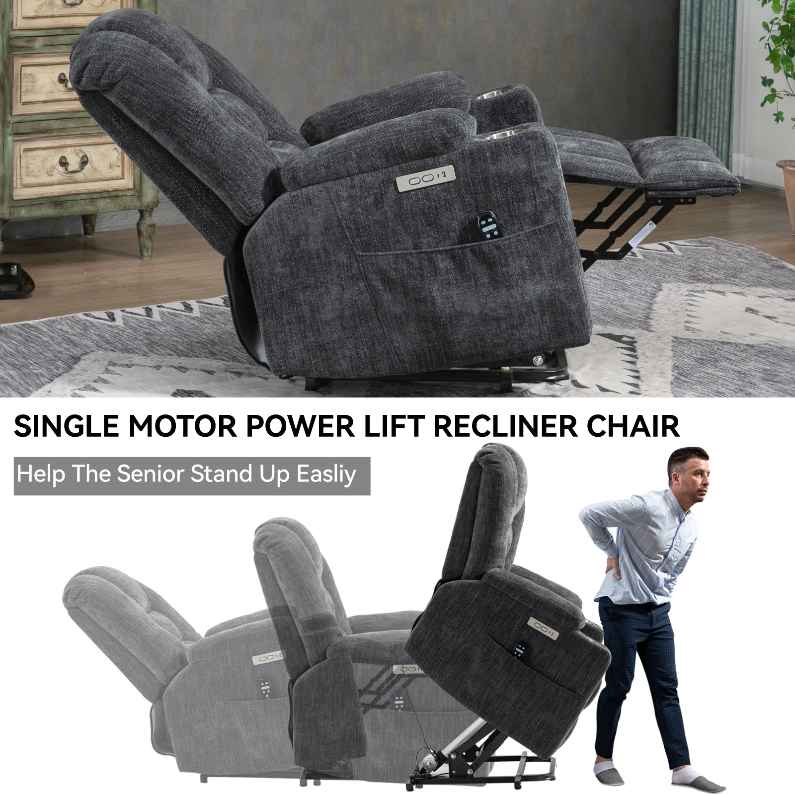 EMON'S Large Power Lift Recliner Chair with Massage and Heat for Elderly, Overstuffed Wide Recliners, Heavy Duty Motion Mechanism with USB and Type C Ports, 2 Steel Cup Holders, Gray - Grand Goldman Shop