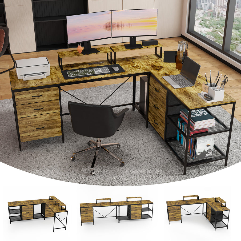 Industrial L-Shaped Computer Desk with Power Outlets & USB-C, Rustic Brown Metal Frame, 6 Fabric Drawers, 3 Open Shelves, Mov