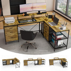 Industrial L-Shaped Computer Desk with Power Outlets & USB-C, Rustic Brown Metal Frame, 6 Fabric Drawers, 3 Open Shelves, Mov