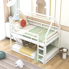 Twin over Twin Low Bunk Bed with Ladder, White - Grand Goldman Shop