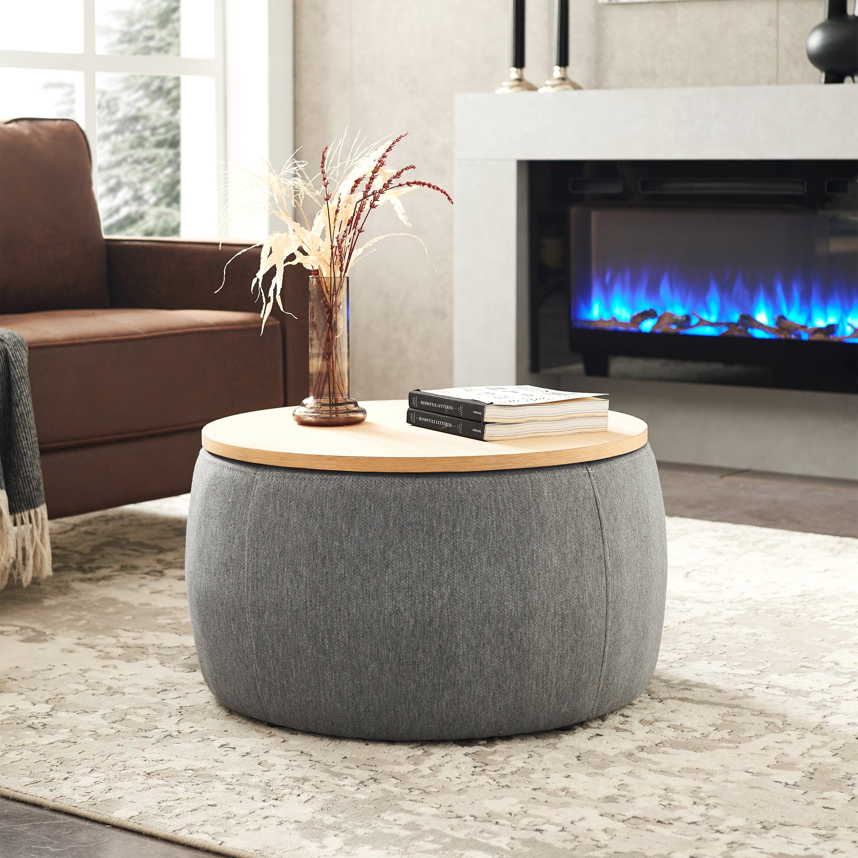 Round Storage Ottoman, 2 in 1 Function, Work as End table and Ottoman, Dark Grey (25.5'x25.5'x14.5') - Grand Goldman Shop