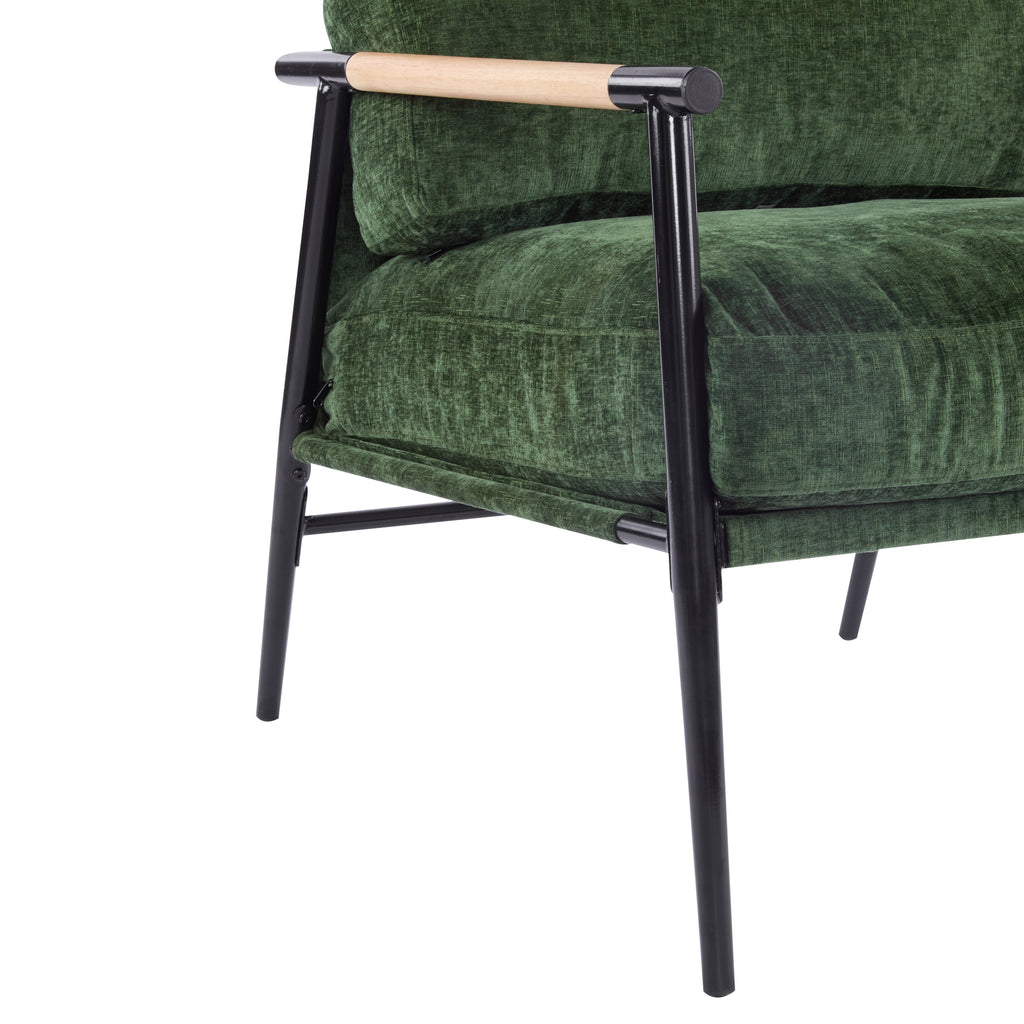 Modern Accent Chair with Plush Cushions, Minimalist Metal Frame, Wooden Armrest Design, Green - Grand Goldman Shop