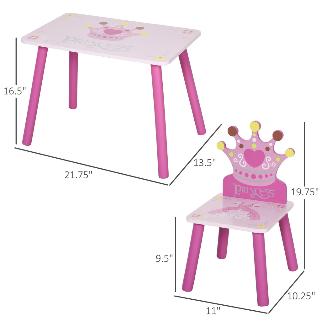 Qaba 3-Piece Kids Wooden Table and Chair Set with Crown Pattern Gift for Girls Toddlers Arts Reading Writing Age 2-4 Years Pi